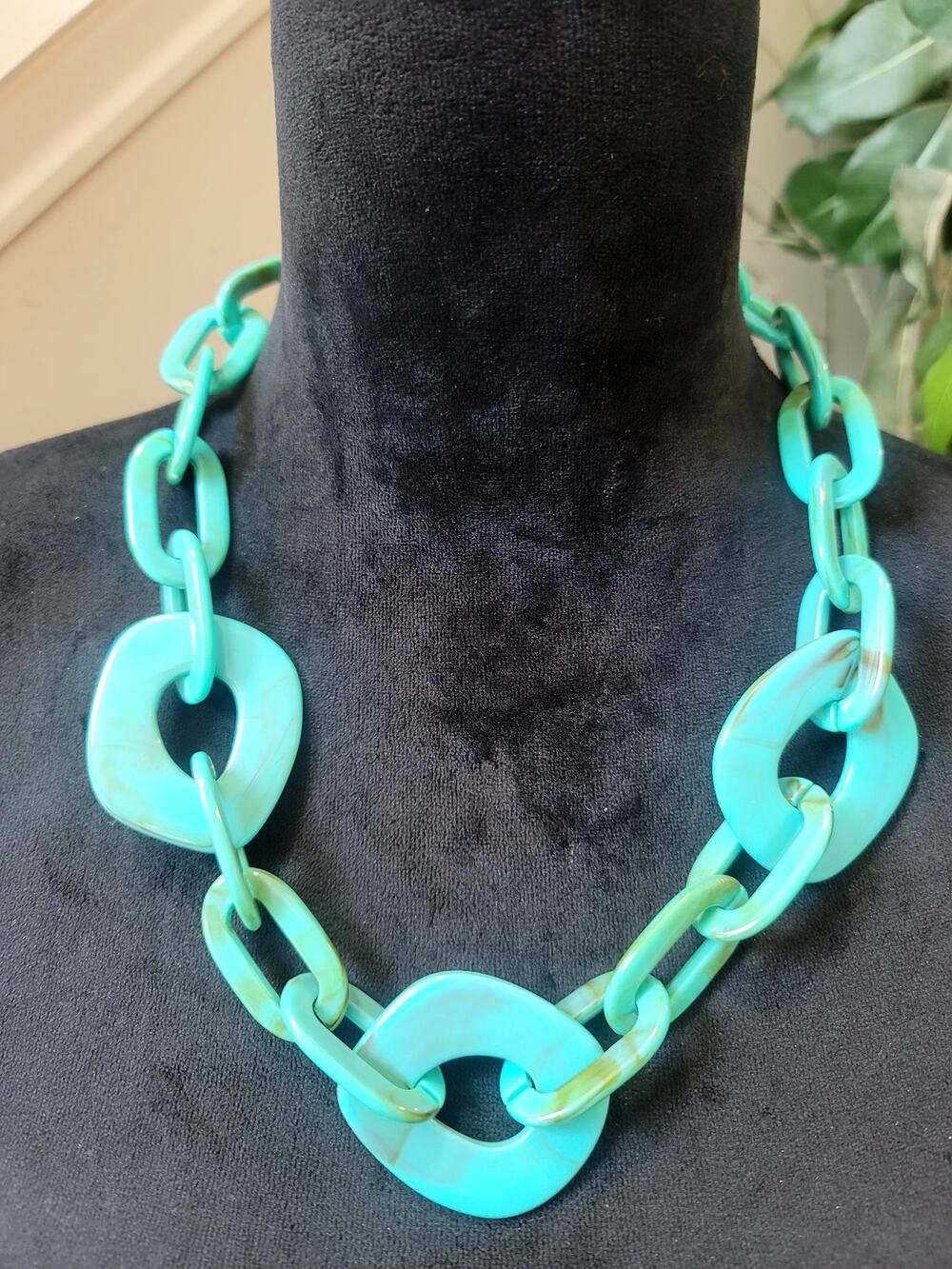 Turquoise Resin Link Necklace & Hoop Earrings Statement Jewelry Set
